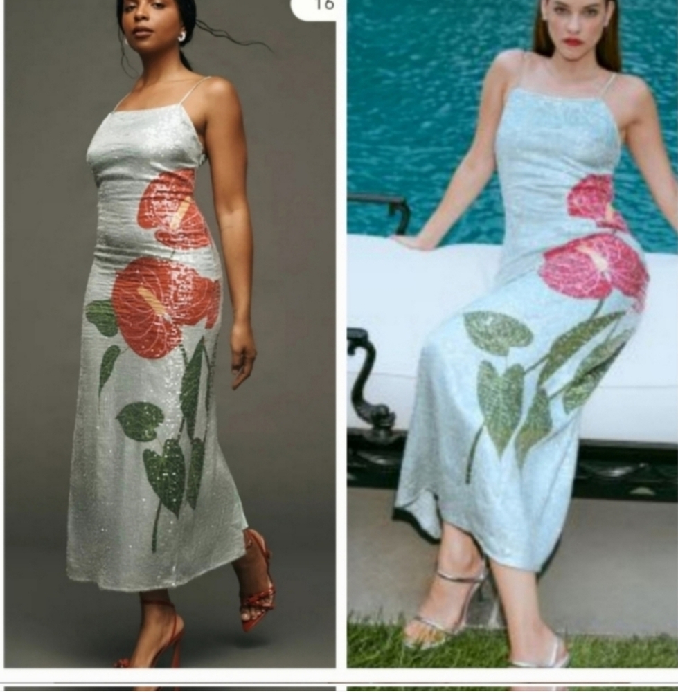 Anthropologie Silver Strapless Dress with Red and Green Floral Design